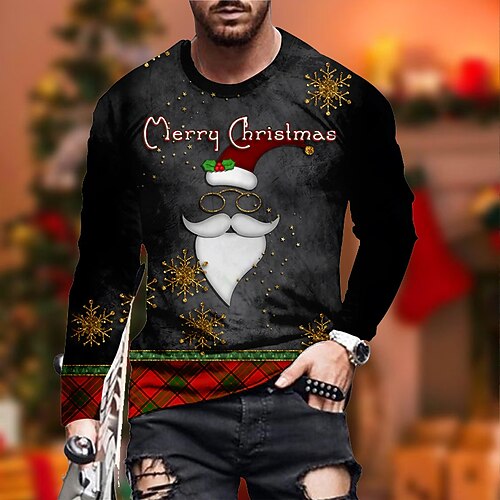 

Men's Unisex Christmas T shirt 3D Print Graphic Prints Santa Claus Print Long Sleeve Tops Casual Designer Big and Tall Black / Red Black Gold
