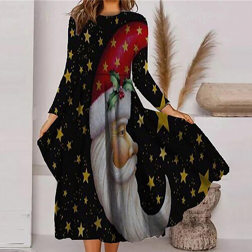 

Women's Christmas Casual Dress Swing Dress Midi Dress Black Purple Dark Gray Long Sleeve Santa Claus Pocket Winter Fall Autumn Fashion Christmas Daily 2022 S M L XL XXL 3XL