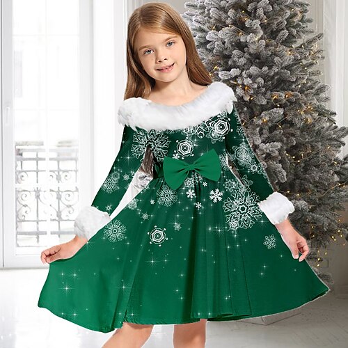 

Kids Girls' Christmas Dress Snowflake Casual Dress Above Knee Dress Christmas Gifts Fur Trim Crew Neck Long Sleeve Adorable Dress 2-13 Years Winter Green Pink Wine