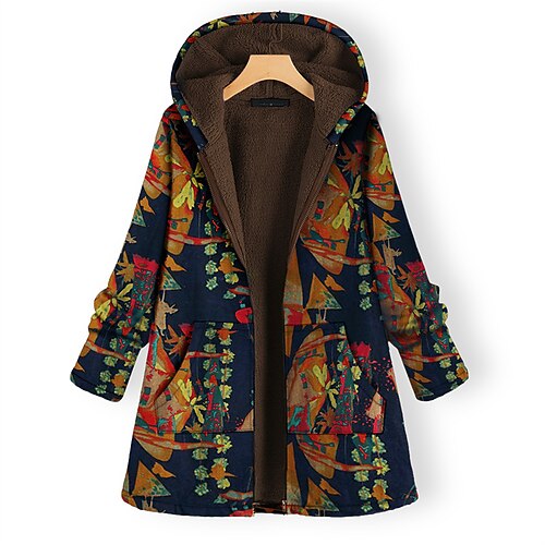 

Women's Plus Size Hoodie Coat Parka Pocket Zip Up Graphic Floral Outdoor Causal Long Sleeve Hooded Long Winter Fall Yellow Dark Blue L XL XXL 3XL 4XL