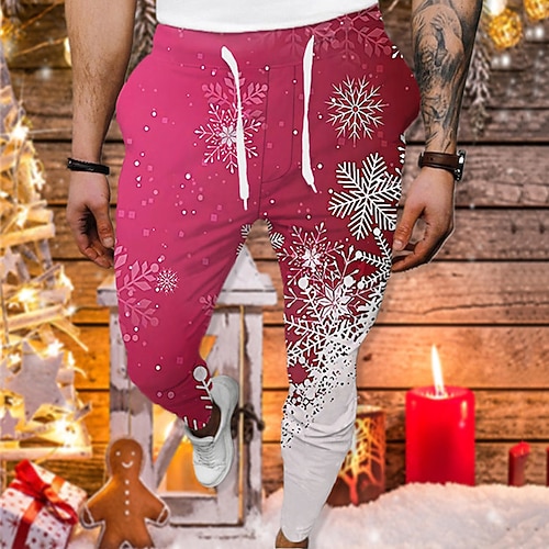 

Men's Christmas Pants Joggers Trousers Casual Pants Drawstring Elastic Waist 3D Print Graphic Prints Snowflake Comfort Christmas Casual Daily Basic Fashion Blue Pink Micro-elastic