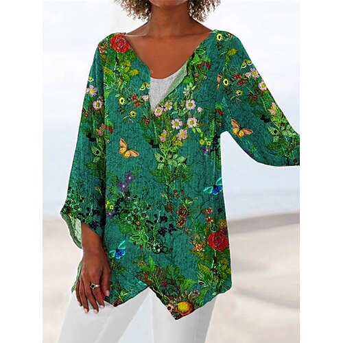 

Women's Blouse Shirt Green Blue Light Green Floral Print Long Sleeve Casual Holiday Basic V Neck Regular Floral S