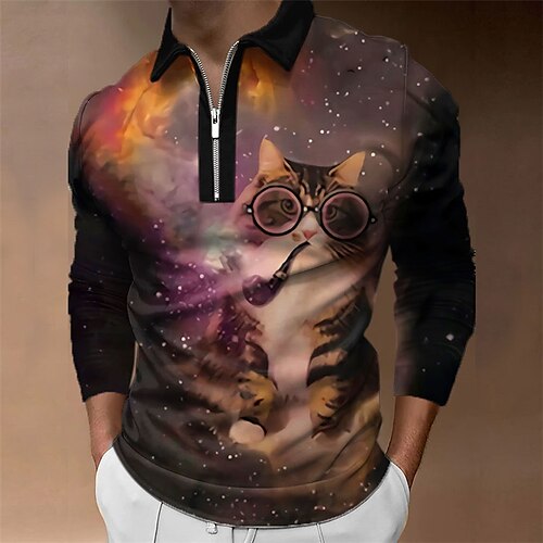 

Men's Polo Shirt Golf Shirt Animal Cat Graphic Prints Turndown Purple Navy Blue 3D Print Outdoor Street Long Sleeve Zipper Print Clothing Apparel Fashion Designer Casual Soft