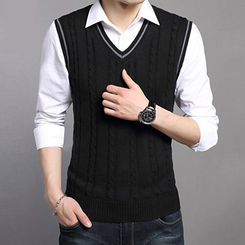 

Men's Sweater Sweater Vest Pullover Sweater Jumper Ribbed Knit Knitted Solid Color V Neck Keep Warm Modern Contemporary Work Daily Wear Clothing Apparel Sleeveless Spring & Fall Black Navy Blue S M L