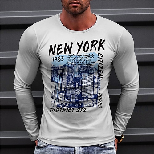 

Men's T shirt Tee Graphic Prints Building Crew Neck Green Black Navy Blue Coffee White 3D Print Outdoor Street Long Sleeve Print Clothing Apparel Basic Sports Designer Casual