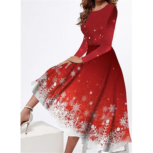 

Women's Christmas Casual Dress Swing Dress Midi Dress Wine Long Sleeve Snowflake Pocket Winter Fall Autumn Round Neck Fashion Daily Weekend 2022 S M L XL XXL 3XL