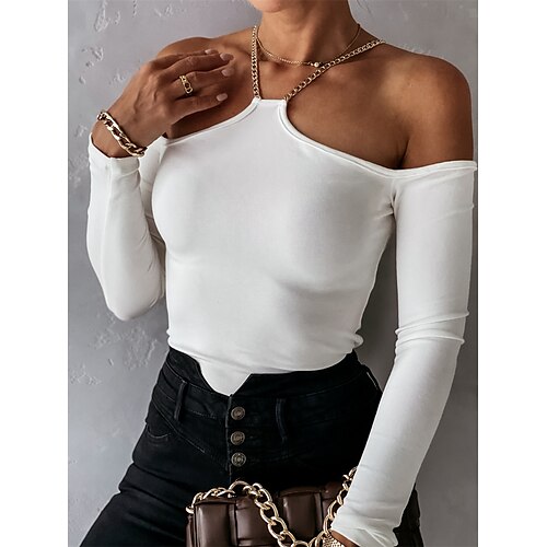 

Women's Blouse Shirt Black Khaki White Plain Long Sleeve Casual Streetwear Halter Neck Regular S / Weekend