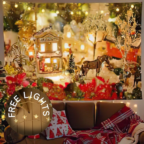 

Christmas Party Wall Tapestry Holiday Photography Background Santa Claus Elk Tree Snow house Art Decor Blanket Curtain Hanging Home Bedroom Living Room Decoration Polyester(with LED String Lights)