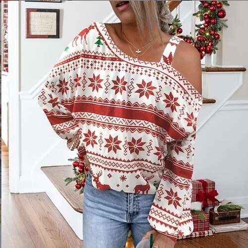 

Women's Blouse Wine Red White Graphic Floral Print Long Sleeve Christmas Weekend Casual Cold Shoulder Regular S