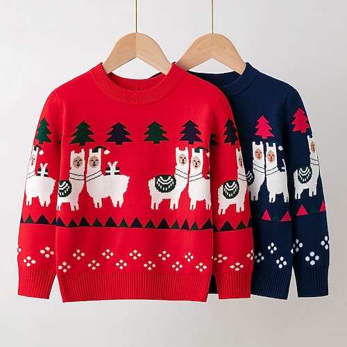 

Toddler Girls' Ugly Christmas Sweater Deer School Print Long Sleeve Crewneck Active 3-7 Years Winter Royal Blue Red