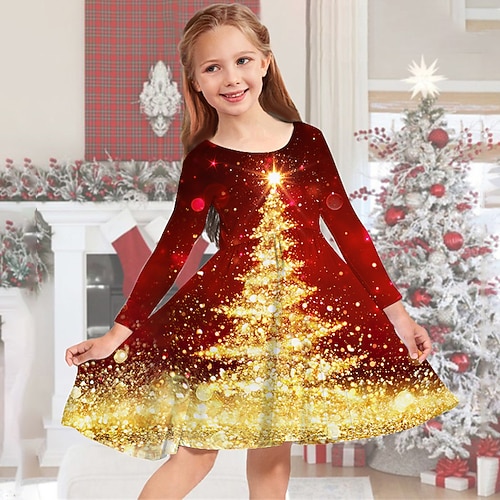 Kids Girls' Christmas Dress Dress Snowflake Dress Snowflake Long Sleeve Christmas Gifts Casual Crewneck Adorable Daily Polyester Above Knee Casual Dress Swing Dress A Line Dress Fall Winter 3-10 Years 2026
