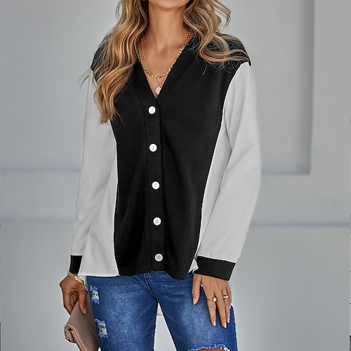 

Women's Blouse Shirt Black Orange Gray Color Block Button Long Sleeve Casual Basic V Neck Regular S