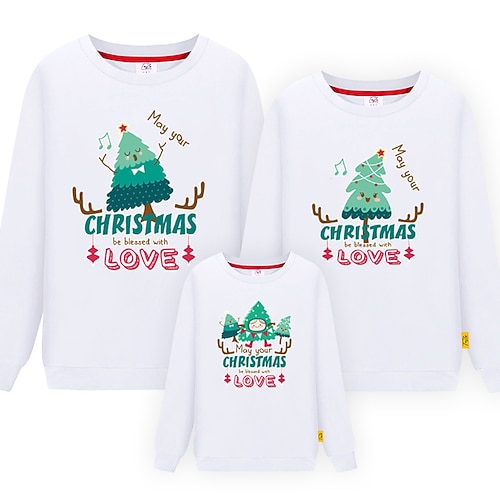 

Family Christmas Sweatshirt Letter Christmas Tree Casual Crewneck Green Black Blue Long Sleeve Daily Matching Outfits