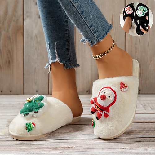 

Women's Slippers Home Christmas House Slippers Warm Slippers Fleece Slippers Winter Flat Heel Closed Toe Cute Polyester Loafer Black Beige