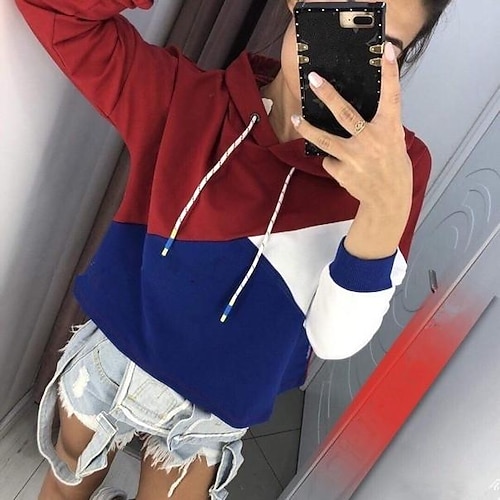 

9430#2020 AliExpress Wish New Velvet Stitching Contrast Color Hooded Long-Sleeved Eyelet Drawstring Sweater