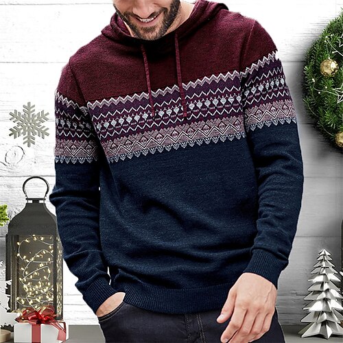 

Men's Sweater Ugly Sweater Sweater Hoodie Pullover Ribbed Knit Cropped Knitted Argyle Hooded Keep Warm Modern Contemporary Christmas Work Clothing Apparel Fall & Winter Black Dark Navy S M L