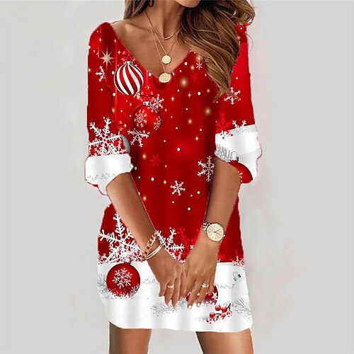 

Women's Christmas Sweatshirt Dress Shift Dress Mini Dress Wine 3/4 Length Sleeve Snowflake Print Winter Fall Autumn V Neck Fashion 2022 S M L XL XXL 3XL