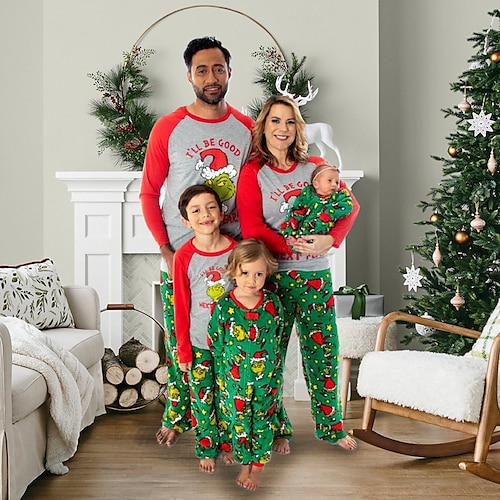 

Christmas Pajamas Family Graphic Ugly Home Crewneck Green Long Sleeve Adorable Matching Outfits