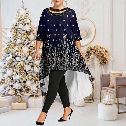 

Women's Plus Size Casual Dress Floral Boat Neck Half Sleeve Fall Winter Casual Maxi long Dress Vacation Going out Dress / 3D Print