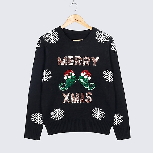 

Women's Ugly Christmas Sweater Pullover Sweater Jumper Ribbed Knit Sequins Glitter Letter Crew Neck Stylish Casual Outdoor Christmas Winter Fall Black S M L