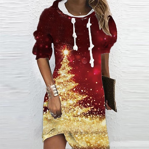 

Women's Hoodie Dress Shift Dress Mini Dress Wine Long Sleeve Christmas Tree Print Winter Fall Autumn Hooded Fashion Christmas Daily 2022 S M L XL XXL 3XL