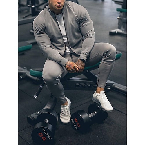 

Men's Tracksuit Sweatsuit 2 Piece Full Zip Athletic Long Sleeve Thermal Warm Breathable Moisture Wicking Fitness Running Jogging Sportswear Activewear Solid Colored Dark Grey Black Light Grey