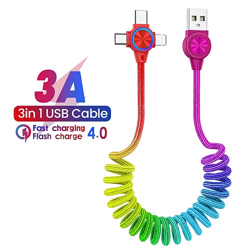 

3in1 Spring Cable For iPhone Micro Type-C Fast Charger For Huawei Xiaomi Sansung Retractable USB Data Cable Cord