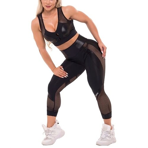 

Women's Yoga Suit Patchwork Solid Color Clothing Suit Black Mesh Yoga Fitness Gym Workout Tummy Control Butt Lift Breathable Sleeveless Sport Activewear Stretchy