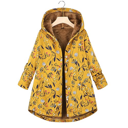 

Women's Plus Size Hoodie Coat Parka Button Pocket Floral Outdoor Causal Long Sleeve Hooded Regular Winter Fall Yellow XL XXL 3XL 4XL 5XL