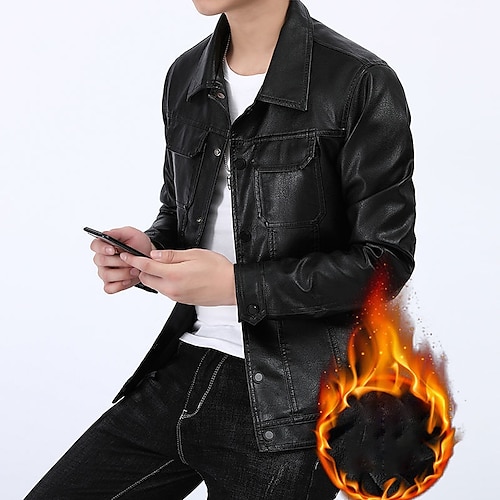 

Men's Faux Leather Jacket Waterproof Daily Wear Vacation Going out Single Breasted Lapel Warm Ups Comfort Jacket Outerwear Pure Color Button Pocket Wine Green Black