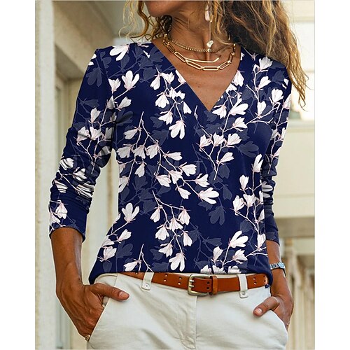 

Women's T shirt Tee Blue Flower Print Long Sleeve Casual Daily Basic V Neck Regular S