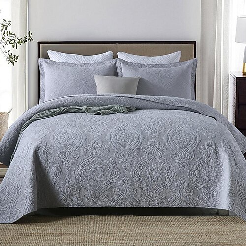 

100% Cotton Quilt Set 3 Piece, Embossed Coverlet and Shams, Lightweight Soft Bedspread, Modern Style Queen Size King Size Bedding Set for All Season-(1 Quilt,2 Pillow Shams)