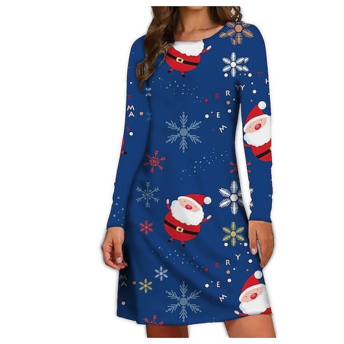 

Women's Christmas Casual Dress Sheath Dress Mini Dress Blue Wine Dark Green Long Sleeve Santa Claus Print Winter Fall Autumn Crew Neck 2022 S M L XL 2XL 3XL