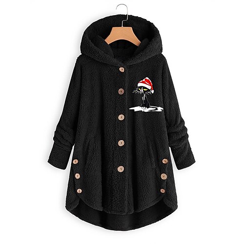 

Women's Sherpa jacket Fleece Jacket Teddy Coat Windproof Warm Outdoor Christmas Daily Wear Vacation Button Pocket Print Single Breasted Hoodie Modern Plush Christmas Cat Regular Fit Outerwear Long