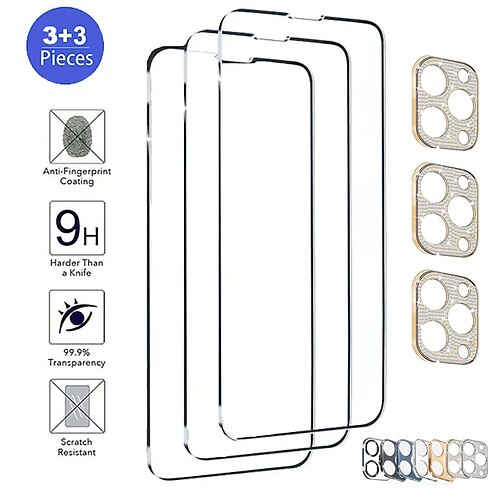 

3 Sets Phone Screen Protector Camera Lens Protector For Apple iPhone 14 Pro Max iPhone 13 Pro Max 12 Mini 11 Tempered Glass Aluminum alloy High Definition (HD) 9H Hardness Diamond Phone Accessory