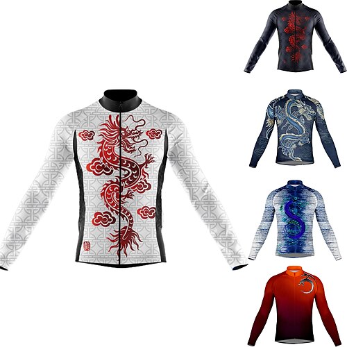 

Men's Cycling Jersey Long Sleeve Bike Top with 3 Rear Pockets Mountain Bike MTB Road Bike Cycling Breathable Quick Dry Moisture Wicking Reflective Strips Yellow Dark Navy Red Dragon Spandex Sports