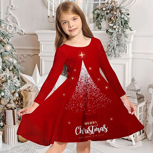 

Kids Girls' Christmas Dress Letter Casual Dress Above Knee Dress Christmas Gifts Crewneck Crew Neck Long Sleeve Adorable Dress 3-10 Years Winter Green Black Wine