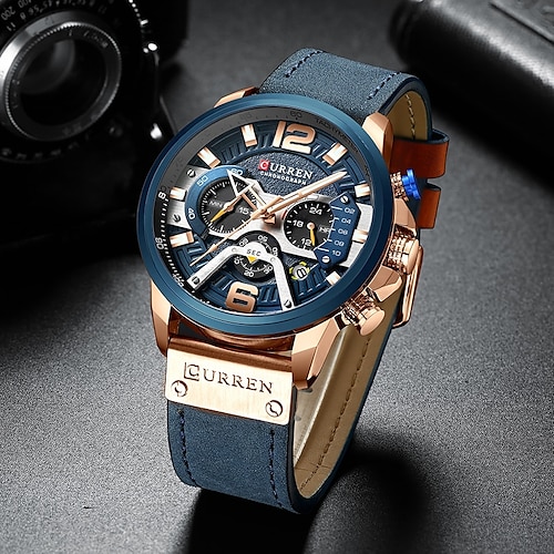 CURREN Quartz Watch for Men Casual Luxury Sport Military Analog Wristatches Calendar Chronograph Stopwatch Waterproof Leather Strap Watch Male Clock