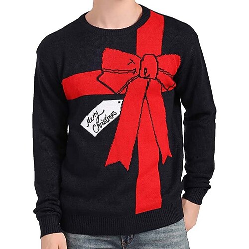 

Men's Sweater Ugly Christmas Sweater Pullover Sweater Jumper Ribbed Knit Cropped Knitted Letter Crew Neck Keep Warm Modern Contemporary Christmas Work Clothing Apparel Fall & Winter Black S M L