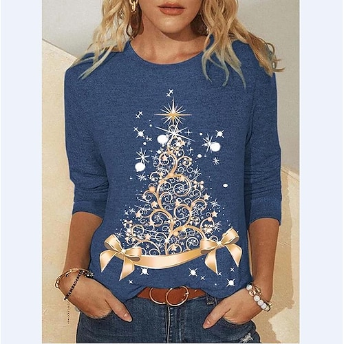 

Women's T shirt Tee Rouge Black Blue Christmas Tree Print Long Sleeve Christmas Weekend Basic Round Neck Regular Painting S