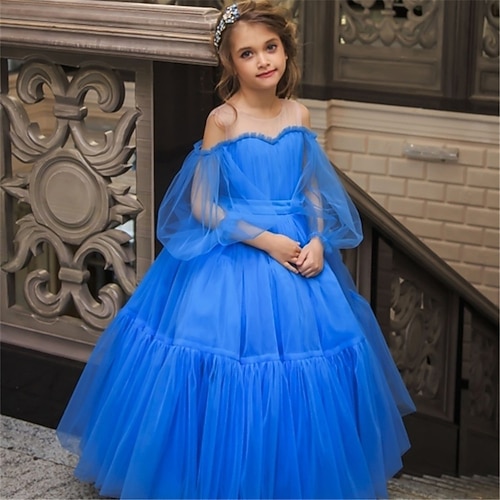 

Kids Girls' Party Dress Solid Color Sheath Dress Mid-Calf Dress Performance Mesh Crew Neck Long Sleeve Princess Dress 2-12 Years Fall Sky Blue