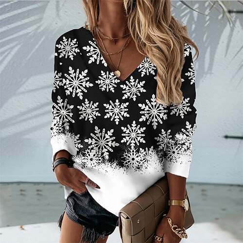 

Women's Sweatshirt Pullover Basic Green Black Blue Snowflake Christmas V Neck Long Sleeve S M L XL 2XL 3XL