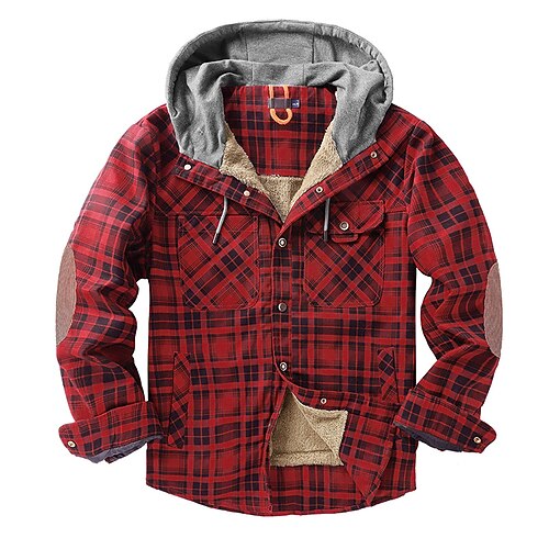 

Men's Fleece Jacket Jacket Flannel Jacket Fleece Lining Daily Wear Going out Festival Buttoned Front Hooded Warm Ups Traditional / Classic Comfort Jacket Outerwear Plaid / Check Pocket Hooded