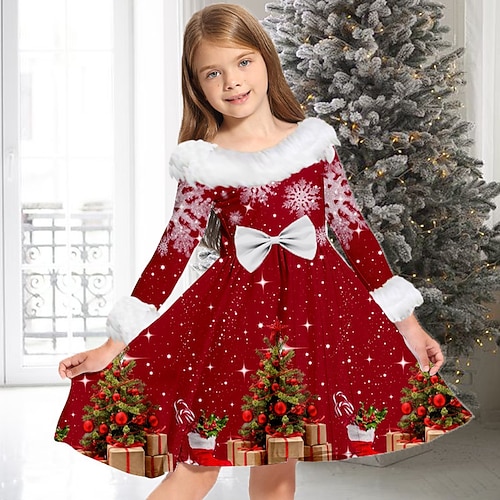 

Kids Girls' Christmas Dress Christmas Tree Casual Dress Above Knee Dress Christmas Gifts Fur Trim Crew Neck Long Sleeve Adorable Dress 2-13 Years Winter Wine