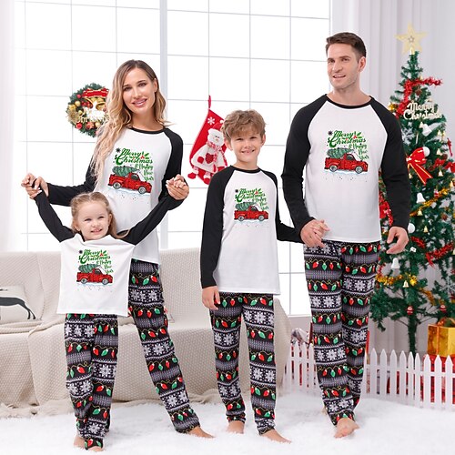 

Christmas Pajamas Family Letter Car Home Black Long Sleeve Basic Matching Outfits