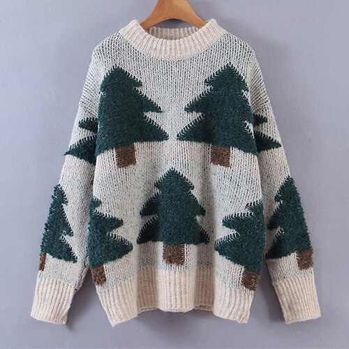 

Women's Ugly Christmas Sweater Pullover Sweater Jumper Ribbed Knit Knitted Christmas Tree Crew Neck Stylish Casual Outdoor Christmas Winter Fall Wine Beige One-Size