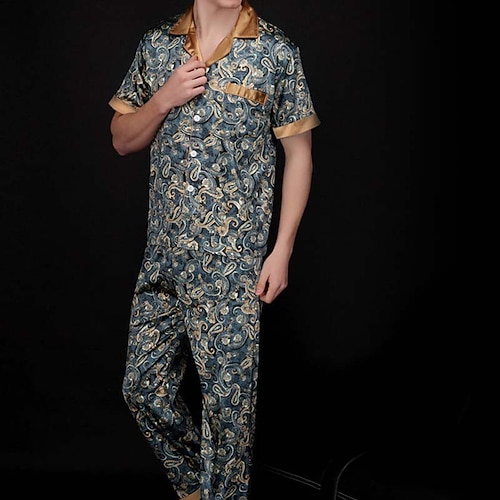 

Men's Sleepwear Silk Pajama 2 Pieces Graphic Prints Simple Comfort Home Daily Faux Silk Breathable Lapel Short Sleeve Pant Pocket Fall Spring Brown Navy Blue