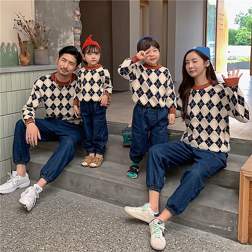 

Family Christmas Sweater Plaid Home Crewneck Black Long Sleeve Cool Matching Outfits