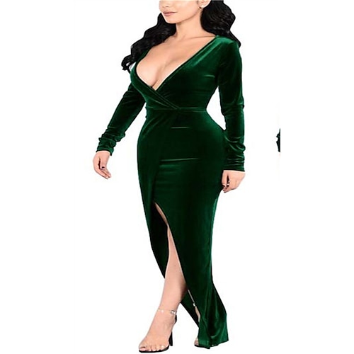 

Women's Velvet Dress Sheath Dress Midi Dress Green Wine Red Long Sleeve Pure Color Ruched Winter Fall Autumn Deep V Party Date Slim 2022 S M L XL