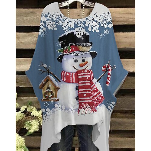 

Women's Plus Size Christmas Tops T shirt Tee Snowman Print Half Sleeve Crew Neck Casual Festival Daily Cotton Spandex Jersey Winter Fall Blue Wine